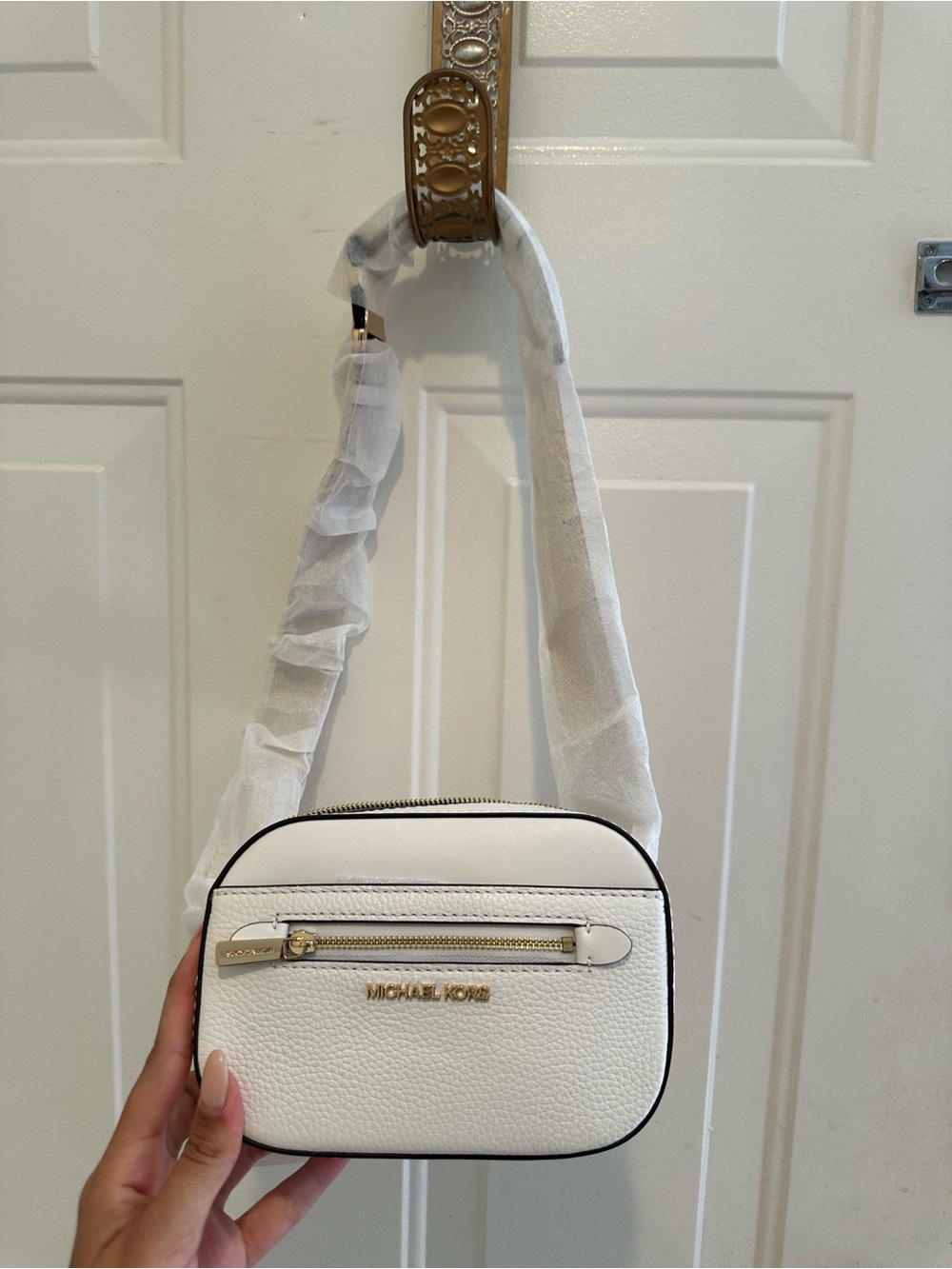 Michael Kors White Pebbled Leather Crossbody Camera Bag with Black Trim